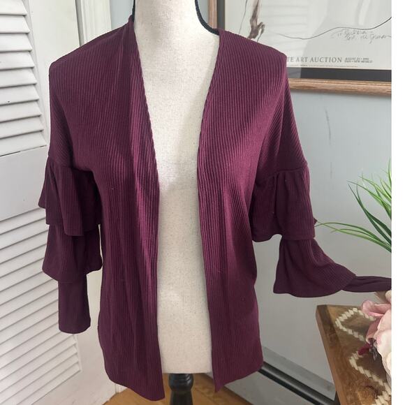 EVERLY Womens Sweater Open Cardigan Tiered Ruffle Long Sleeve Burgundy SMALL - Picture 1 of 8
